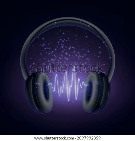 Headphones wireless realistic composition with neon sonic waves between ear cushions of phones with glowing particles vector illustration