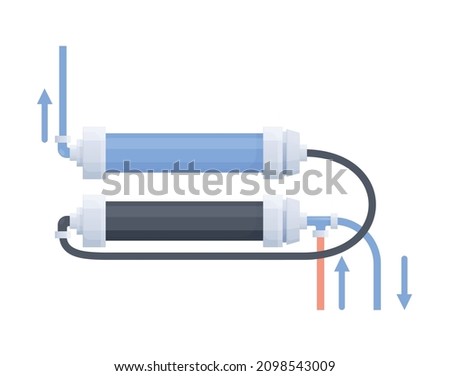 Water filter flat composition with system of multiple filters with flexible tubes vector illustration