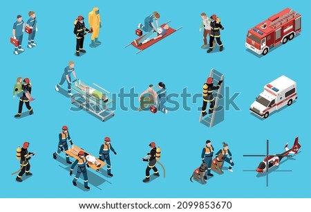 Emergency isometric set of paramedics firefighters rescuers providing first aid to drowning people or victims after traffic accident or fire vector illustration