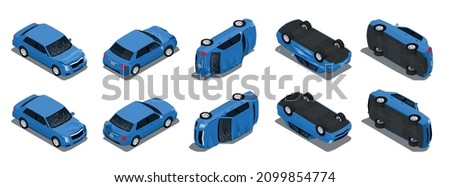 Most common road traffic accidents isometric set with car angled upside down flipped onto side vector illustration