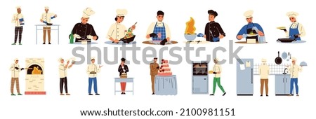 Cooking isolated flat icons on white background with professional cookers making pizza pastry cake saute vector illustration