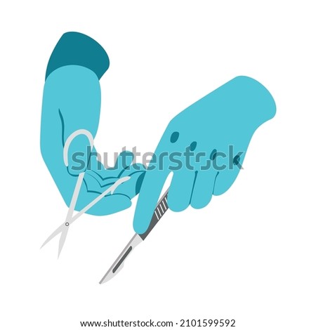 Surgeons hands in gloves holding scalpel and forceps 3d isometric vector illustration