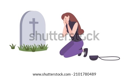 Human death flat composition with woman crying sitting on her knees in front of graveyard isolated vector illustration