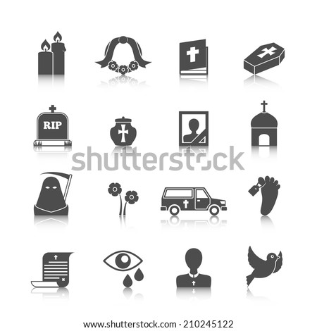 Funeral mortuary service ritual hearse van with flowers wreath bible black casket icons set vector isolated illustration