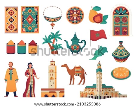 Morocco travel flat set with traditional country symbols cuisine condiments carpets pottery camel people isolated vector illustration