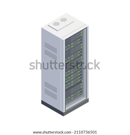 Data center equipment with server rack on white background isometric vector illustration