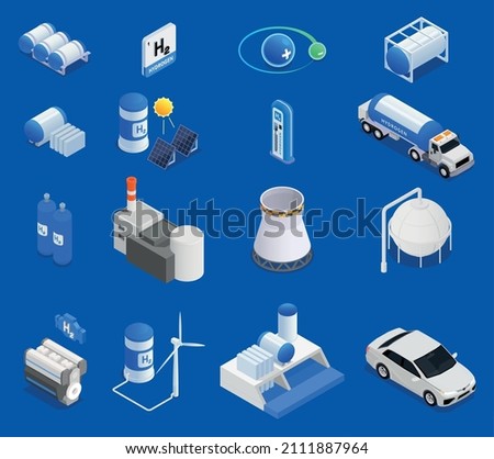 Isometric set with 3d icons showing hydrogen production from renewable sources wind solar energy storage car on blue background isolated vector illustration