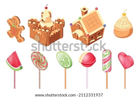 Candy land isometric set with isolated icons of colorful lollipop candies on sticks and gingerbread houses vector illustration