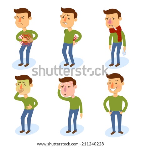 Sick characters set of people with pain and diseases isolated vector illustration.