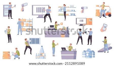 Flat set of men and women scanning barcode at checkout supermarket warehouse with scanners and smartphones isolated vector illustration