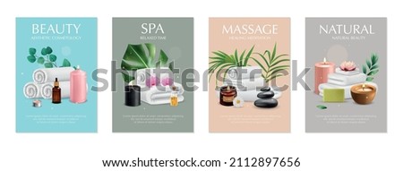 Set of four isolated spa posters with editable text realistic towels aromatic oil and exotic plants vector illustration