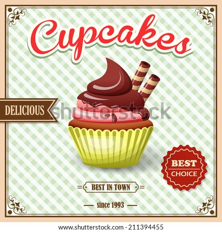 Sweet food dessert cupcake on cafe retro poster with squared background vector illustration.