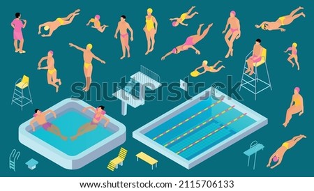 Isometric swimming pool color icon set deep sports pool hot tub people in yellow hats and swimming suits swim in variety of styles vector illustration