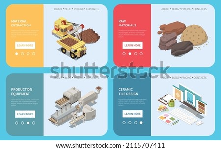 Ceramic tile production web design concept set of four landing pages about raw materials extracting and equipment for production isometric vector illustration