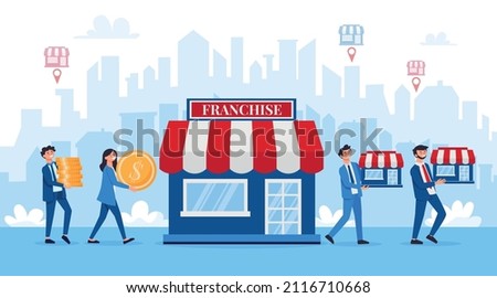 Franchise business composition with images of stores held by characters of business people with location signs vector illustration 