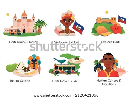 Haiti travel guide culture and traditions flat compositions set with landmark cuisine people isolated vector illustration