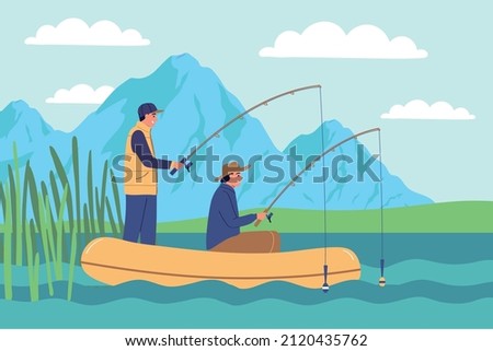 Similar – Image, Stock Photo two fishermen in a boat with reflection in a still river water at twilight on autumn landscape.