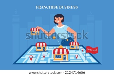 Franchise business map composition with female character moving shops on map with location signs and text vector illustration