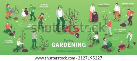 Spring gardening isometric infographics with male and female gardeners planting and watering trees raking leaves pruning digging 3d vector illustration