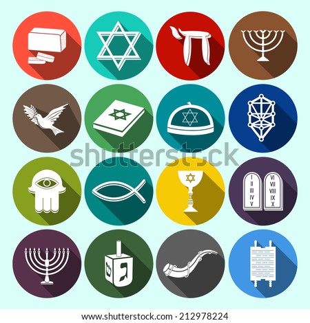 Jewish church traditional religious symbols flat icons set with torah david star dreidel isolated vector illustration