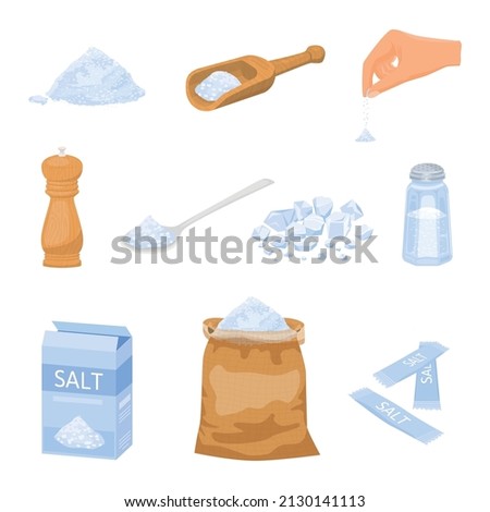 Sea salt set of flat isolated icons with images of packaged salt powder spoon and hand vector illustration