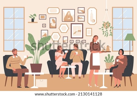 Cozy coffee shop interior with waitress and happy people with cups flat vector illustration