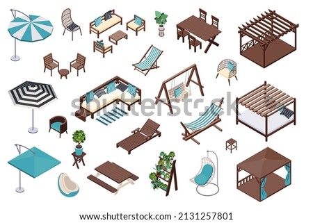 Garden furniture isometric set with isolated icons of wooden chairs beds and hammocks with umbrella tops vector illustration