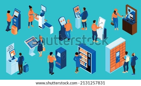 Isometric self service color icon set people with bank terminals points of issue of orders self service coffee shop terminal for issuing airline tickets and other services vector illustration