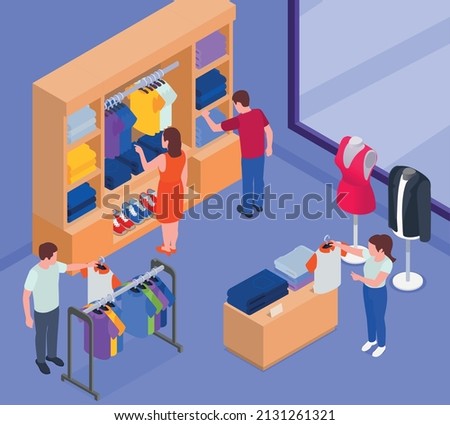 Fast fashion problems isometric infographic composition with indoor view of clothing store boutique with human characters vector illustration