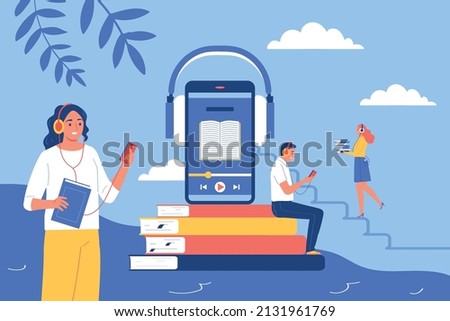 Online library flat background with young people listening audio books using smartphones and headphones vector illustration