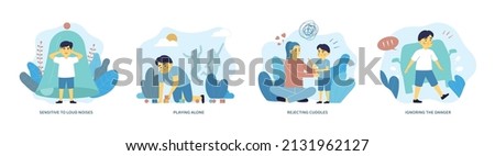 Autism flat compositions set with child showing signs of autistic spectrum disorder playing alone ignoring danger sensitive to noise isolated vector illustration