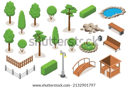 Isometric park landscape elements icon set with trees bushes flower bed pond gazebo bridge different types of benches fences and street lamps vector illustration