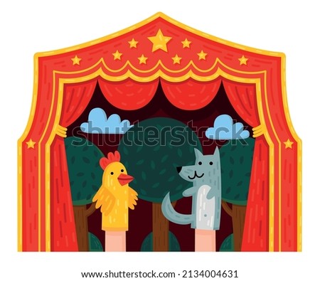 Children puppet theater composition with wearable hand gloves puppets of wolf and chicken with theatre curtains vector illustration