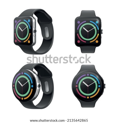 Smart watch realistic set of wrist clock with circle screen and black plastic strap isolated vector illustration