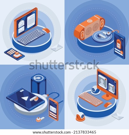 Wireless technology square isometric icons set with keyboard and mouse symbols isolated vector illustration