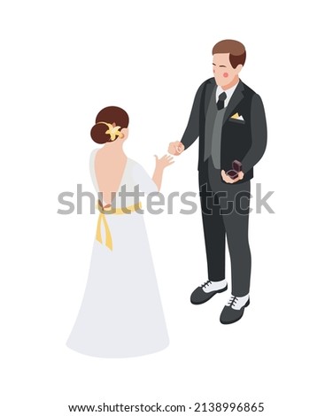 Wedding isometric composition with isolated human characters of bride and groom exchanging rings on blank background vector illustration