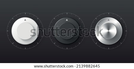 Realistic set with three round adjustment dials regulator knobs of different color isolated on black background vector illustration