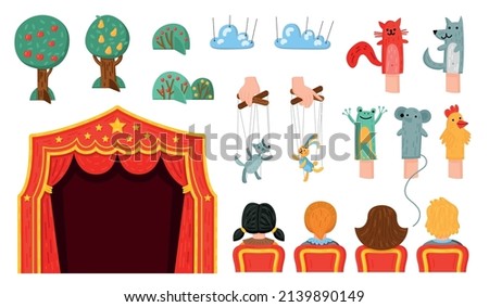 Children puppet theater color set with isolated icons of stage curtains decorations and puppets on strings vector illustration