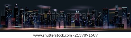 Night city panorama composition with horizontal view of nocturnal cityscape with glowing skyscrapers motorways and moon vector illustration Stockfoto © 