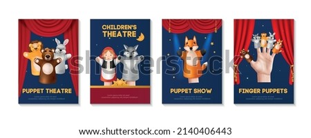 Realistic puppet theater performance poster set with cute finger and hand toys red curtains on blue background isolated vector illustration