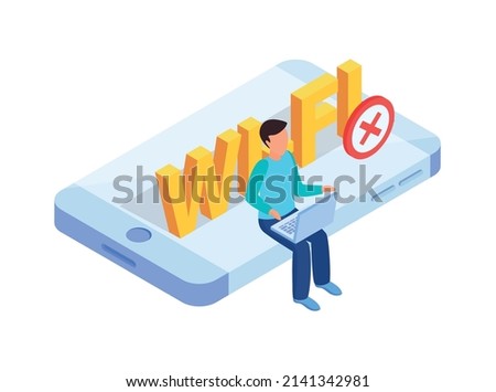 Blocking internet sites from wifi network isometric icon with smartphone and human character 3d vector illustration