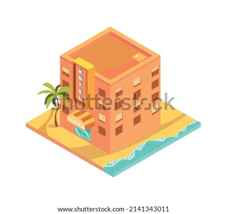 Tropical rest isometric icon with hotel building exterior on seashore 3d vector illustration