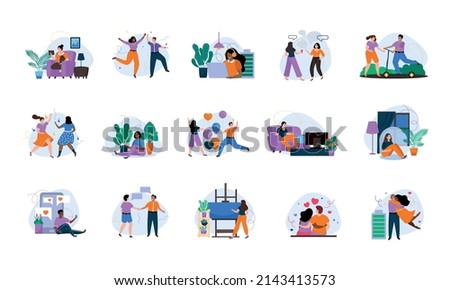Introvert and extrovert people flat recolor set of persons of various tempers spending time alone and in team of friends isolated vector illustration Foto stock © 