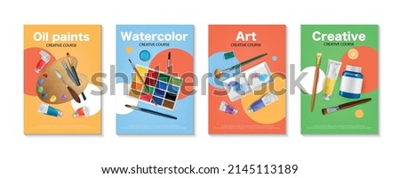 Painter course realistic poster set with oil paint symbols isolated vector illustration