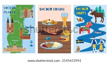 Sweden touristic cards set with cuisine and places symbols flat isolated vector illustration