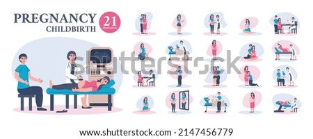 Pregnancy childbirth set with flat compositions and isolated icons of medical procedures delivering baby with people vector illustration
