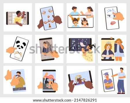 Photo edit set with square compositions of human hands and people working with picture editing apps vector illustration