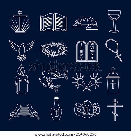 Christianity traditional holy religious symbols outline icons set with thorns fish candle isolated vector illustration