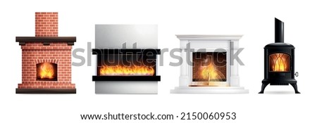 Fireplace realistic set with four isolated designs of domestic chimney with burning fire on blank background vector illustration