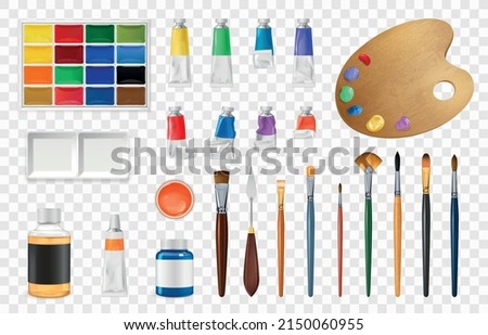 Painter tools realistic transparent set with palette and paint symbols isolated vector illustration